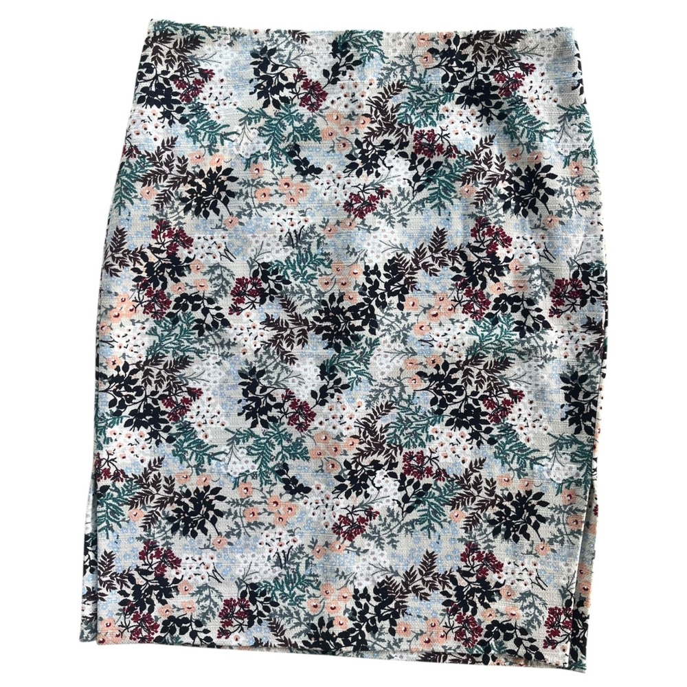 Loft Outlet Womens 8 Gray Pink Teal Floral Woven Tapestry Side Slit Pencil Skirt